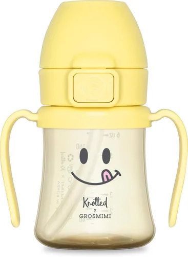 GROSMIMI x KNOTTED Vaso con Tapa Abatible para Sorber a Prueba de Derrames, PPSU, sin BPA, popote de etapa 2 para niños pequeños (Sonrisa 6 onzas)