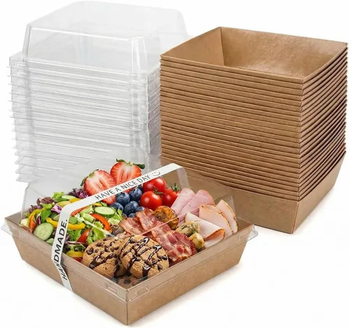 Paquete de 25 cajas de embutidos con tapas transparentes, mini recipientes de papel desechables para alimentos (5 pulgadas), adecuados para postres,