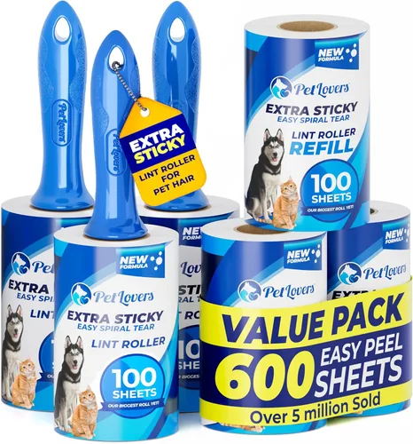 PetLovers Juego de Rodillos de Pelusa Extra Adhesivos de Gran Valor 600 Hojas para la Remoción de Pelo de Mascotas, Removedor de Pelusa para Perros