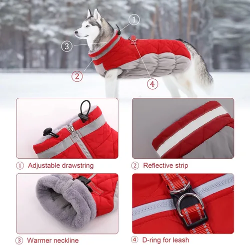 Miniatura 2 de Lelepet Abrigo cálido para perro, abrigo de invierno para perro, chaqueta impermeable para perros con arnés integrado reflectante para mascotas, Rojo