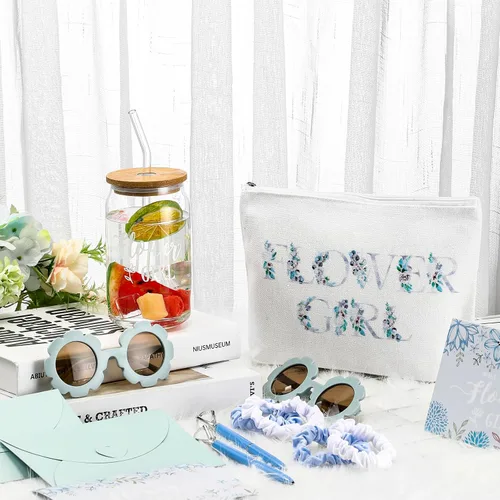Miniatura 4 de Meanplan Juego de 16 piezas de regalo de propuesta para niña de las flores, vaso con pajitas, bolsa de maquillaje, lentes de sol, anillo