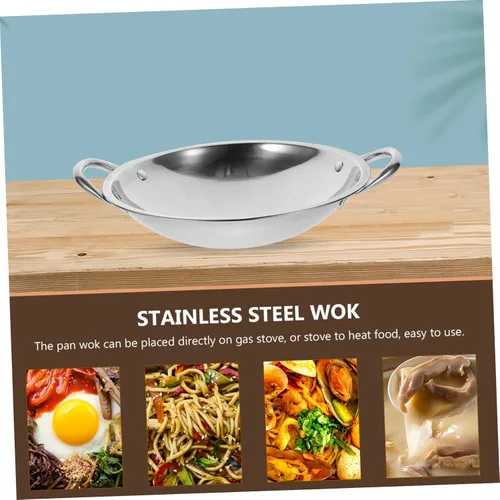 Miniatura 2 de Wok de fondo redondo de acero inoxidable con parte inferior plana para freír sartén de doble mango fácil de limpiar utensilios de cocina