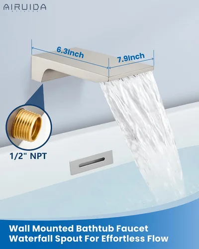 Miniatura 3 de Airuida Grifo de bañera de montaje en pared con boquilla de cascada, grifo de bañera montado en la pared con ducha de mano de una sola manija, juego