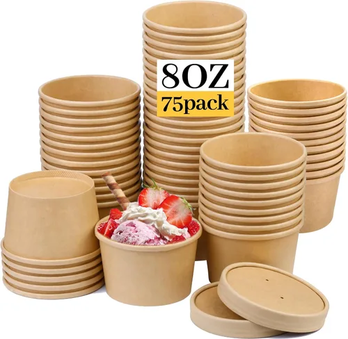 Paquete de 75 recipientes de papel para sopa de 8 onzas con tapas, tazas de helado, recipientes de papel desechables con tapa ventilada, cuencos