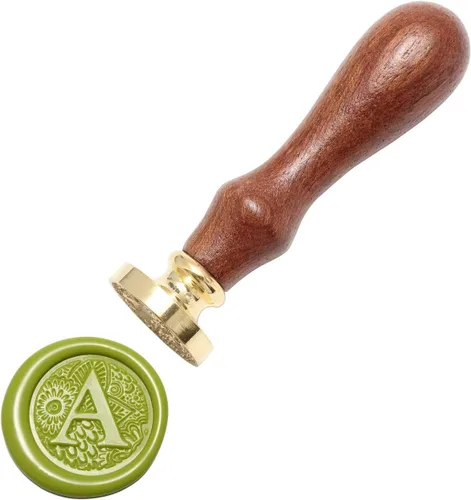 Miniatura 4 de Yoption - Sello de cera con letra A, cabeza de latón, alfabeto botánico, sello de sellado inicial con mango de madera
