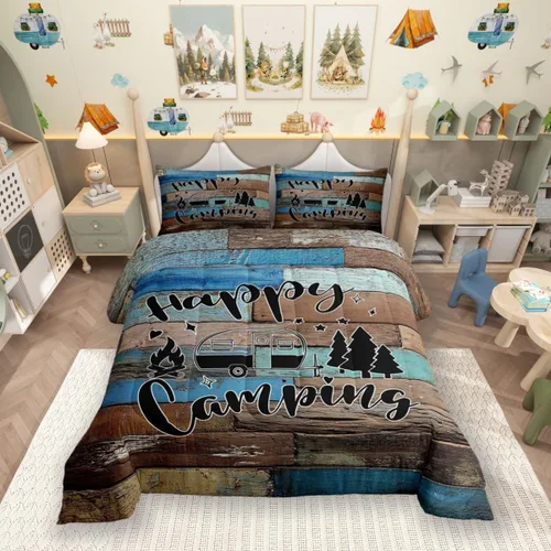 Miniatura 24 de Juego de Edredón para Acampar Feliz para Niños Tamaño Individual, Juego de Ropa de Cama Rústica de Aventura de Granja y Cabaña, Decoración