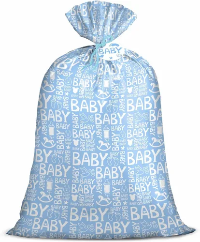 Loveinside Bolsa de regalo jumbo azul grande de plástico, bolsa de plástico con diseño de niña con etiqueta y lazo para cumpleaños, baby shower y