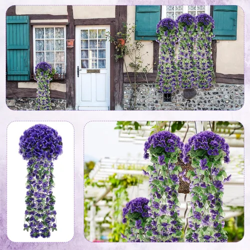 Miniatura 6 de XunYee Paquete de 4 flores artificiales colgantes para exteriores, plantas colgantes falsas de 5 pétalos de seda violeta, plantas de simulación