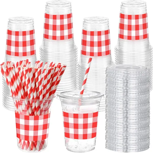 Miniatura 27 de Sliner 50 juegos de vasos de plástico a cuadros de 16 onzas con tapas y pajitas de papel, vasos desechables transparentes para fiesta de autos