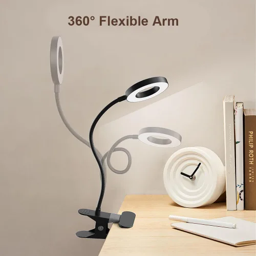 Miniatura 3 de Lámpara LED de escritorio con clip con 3 modos de color, 10 anillos de brillo/luz de abrazadera, cuello ajustable de 360°, regulable, protección