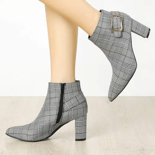 Miniatura 2 de Allegra K Botines de tacón grueso a cuadros para mujer
