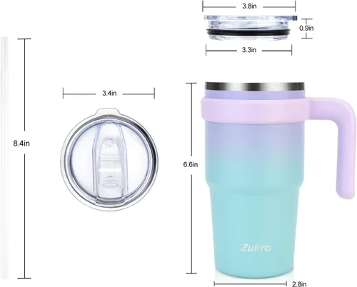 Miniatura 8 de Zukro Vaso de 20 onzas con asa, tapa y pajilla, forrado de cerámica, de acero inoxidable de doble pared aislada al vacío, tazas de café para hogar