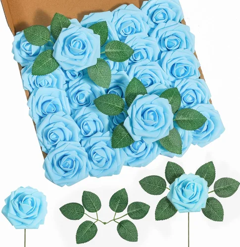 DuHouse 25 rosas artificiales, rosas falsas con tallos, flores de espuma de tacto real para bricolaje, ramo de boda, centro de mesa, arreglo floral,