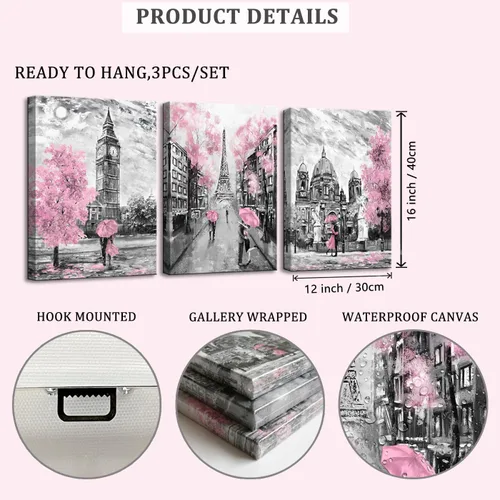 Miniatura 4 de Lienzo de pared en blanco y negro para sala de estar, dormitorio, baño, niñas, rosa, temática de París, decoración de habitación, impresión de Rosa