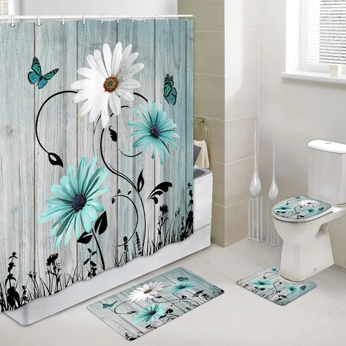 Miniatura 9 de Alfombra de baño rústica blanca floral, flores y mariposas en tabla de madera vieja, antideslizante, juego de alfombras de baño vintage