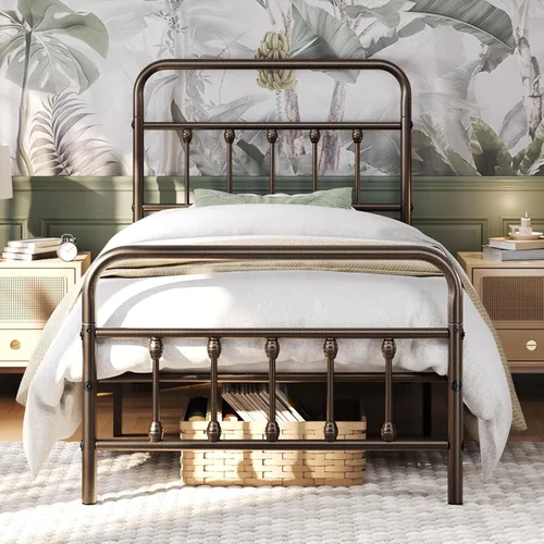 Miniatura 14 de Yaheetech Base de cama clásica de metal con base de colchón con estilo victoriano, cabecera, estribo, almacenamiento debajo de la cama, no necesita