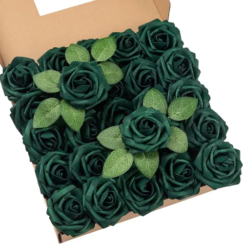 Miniatura 46 de DuHouse 25 rosas artificiales con tallos, flores de espuma de tacto real para bricolaje, ramo de boda, centro de mesa, arreglo floral, fiesta, Verde