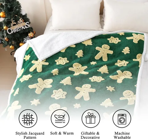 Miniatura 5 de SOCHOW - Manta de forro polar sherpa con jacquard navideño de jengibre, manta de felpa reversible, cálida y difusa, muy suave, para la cama, el sofá
