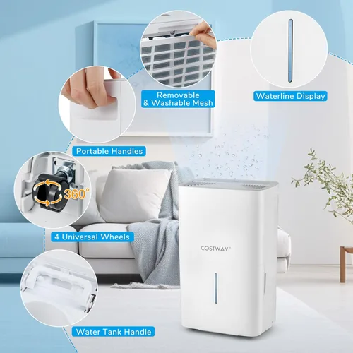 Miniatura 7 de COSTWAY Deshumidificador Energy Star de 65 pintas, 5000 pies cuadrados, deshumidificador portátil grande para sótanos con 2 modos y 3 velocidades