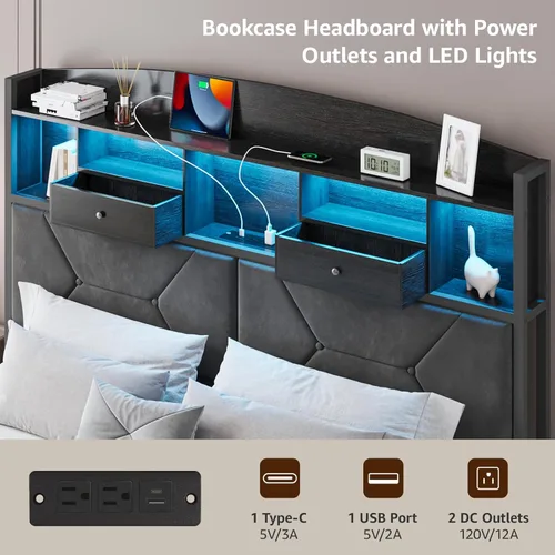 Miniatura 5 de DOGIBIXO Marco de cama negro de tamaño completo con 4 almacenamientos, marcos de cama de plataforma tapizados de terciopelo con cabecero capitoné