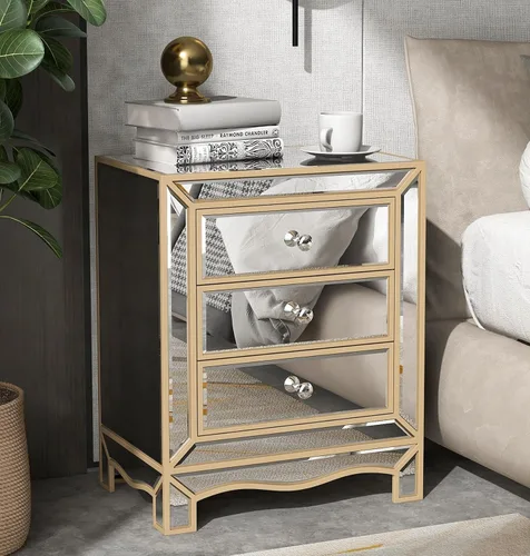 Henf Elegante mesita de noche de espejo con borde dorado plateado con 3 cajones, mesa de acento de espejo con perilla de cristal, mesa auxiliar para