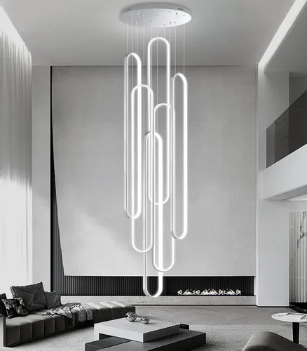 Miniatura 23 de Candelabros LED modernos para entrada de vestíbulo, techo alto, lámparas de escalera largas, regulables, montaje empotrado, alto recibidor, Negro