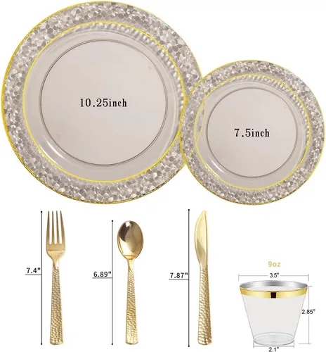 Miniatura 6 de Nervure - 150 piezas de platos de plástico negro transparente - Platos de fiesta dorados - Set de vajilla negra y dorada incluye: 50 platos, 25