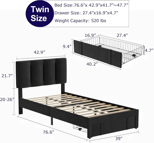 Miniatura 2 de VECELO Base de cama de tamaño individual con cajón de almacenamiento, base de cama de plataforma resistente con cabecera y fuerte soporte de Negro