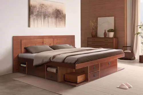Miniatura 37 de Memomad Bali Slim Set: Plataforma de almacenamiento con cajones + Cabecero de panel plano (Tamaño completo, madera marrón roble)