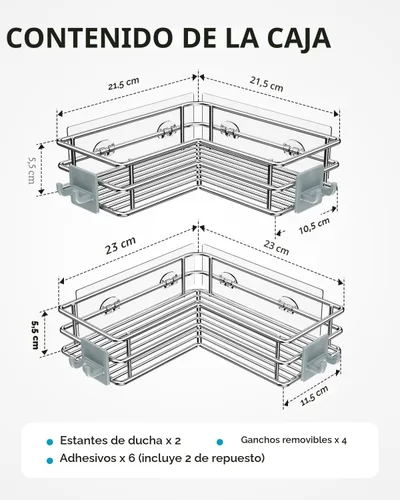 Miniatura 7 de Nieifi Estantes de Esquina para Ducha de Acero Inoxidable, Canasta Organizadora Adhesiva para Ducha con Ganchos, Resistente al Óxido para Estante