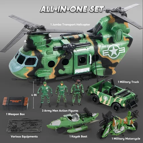 Miniatura 2 de JOYIN - Juego de juguetes de helicóptero militar 10 en 1 con luz, sonido, camiones, barco, bicicleta, soldados del ejército, armas - Regalos