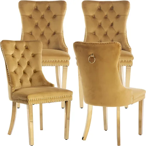Miniatura 81 de ODUSE-DAILY - Juego de 4 sillas de cocina y comedor de terciopelo beige, tapizadas en tela, respaldo alto con alas, anilla metálica, estructura