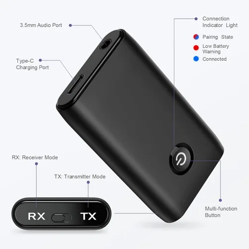 Miniatura 6 de Receptor transmisor Bluetooth 2 en 1, adaptador Bluetooth auxiliar para automóvil, adaptador de audio inalámbrico de 0.138 in, sistema de audio
