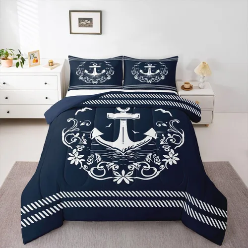 Miniatura 54 de Erosebridal Juego de edredón de ancla náutica, juego de ropa de cama con brújula oceánica, tamaño individual para niños, adolescentes y adultos