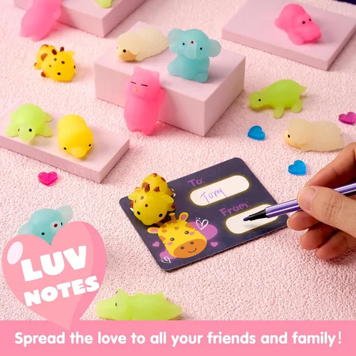 Miniatura 6 de JOYIN 36 paquetes de tarjetas de regalo para el día de San Valentín con juguetes esponjosos Mochi que brillan en la oscuridad, 9 diseños de juguetes
