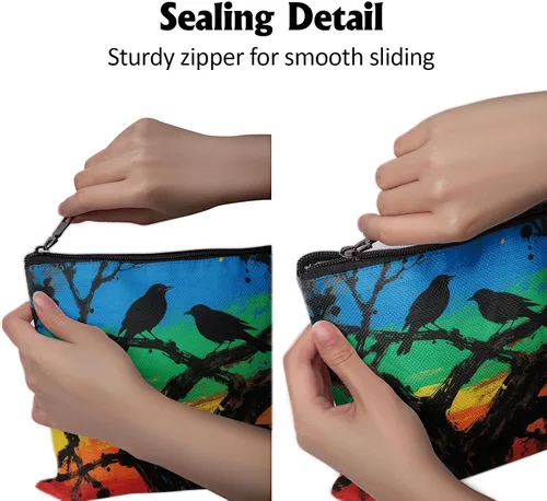 Miniatura 6 de Cafl Bolsa de maquillaje para mujeres y niñas, organizador de viaje portátil de gran capacidad, 10 x 8 pulgadas, Par de mirlo posado en ramas