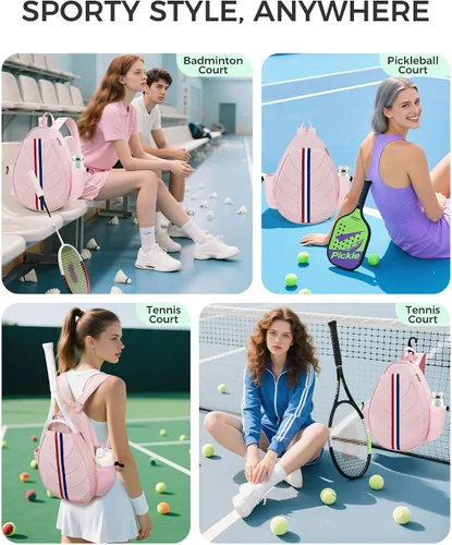 Miniatura 7 de Bolsa de tenis, mochila de tenis resistente al agua para mujeres y hombres, diseño de bandolera acolchada para tenis, pickleball, raquetas de Rosa