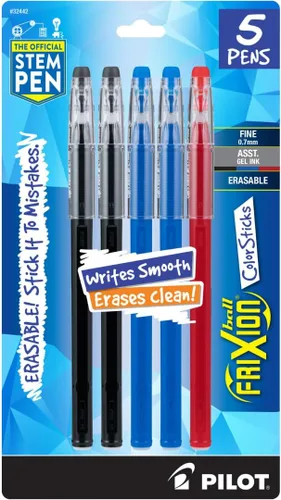 Pilot Frixion ColorSticks - Bolígrafos de tinta de gel que se puede borrar, de punta fina, 1/32 de pulgada, paquete de 5, 2 negros, 2 azules y 1