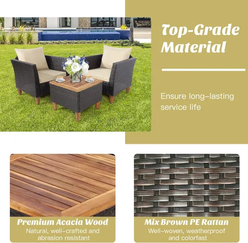 Miniatura 6 de RELAX4LIFE Juego de muebles de patio de 3 piezas de ratán para conversación al aire libre, con asientos acolchados y mesa de mesa de madera