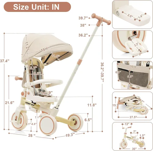 Miniatura 4 de Cochecito de triciclo de bebé 7 en 1 para niños pequeños de 1 a 6 años con mango de empuje ajustable, asiento giratorio, toldo retráctil Amarillo
