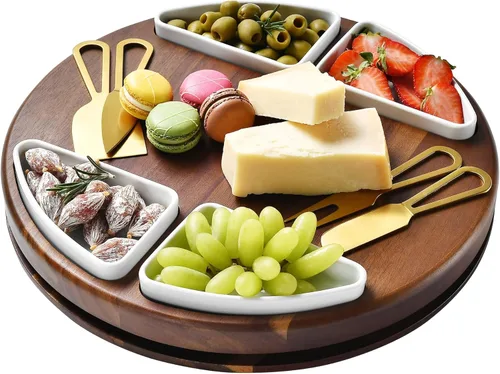 Shanik Juego Mejorado de Tabla Giratoria Lazy Susan para Cortar Queso - Tabla Redonda de Acacia para Charcutería con 4 Tazones de Cerámica - Regalos