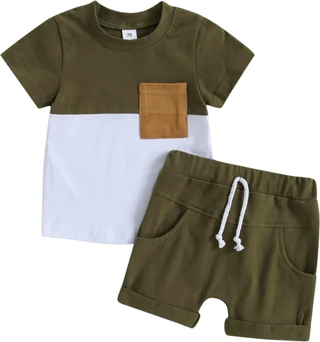 LIOMENGZI Conjunto de ropa de verano para bebés y niños, conjunto de ropa de bloques de color, camiseta corta, pantalones cortos elásticos a rayas,