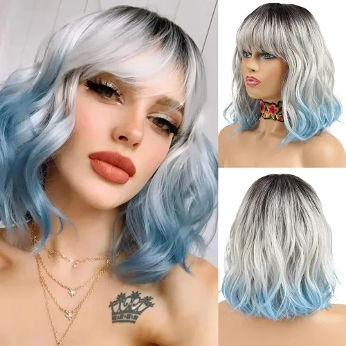 Miniatura 16 de NOBLE Peluca Rosa Naranja para Mujeres Peluca Durazno con Flequillo Pelucas Bob Rizadas Ombré con Flequillo de Aire Pelucas Sintéticas Cortas