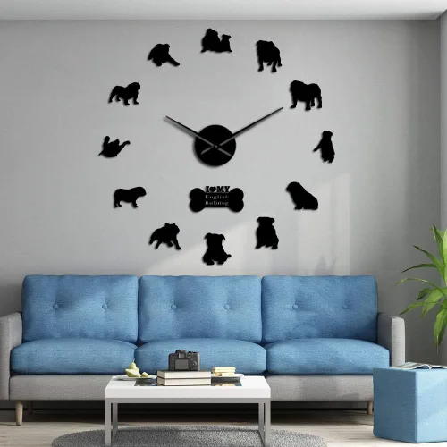 Miniatura 4 de The Geeky Days English British Bulldog contemporáneo 3D DIY reloj de pared con lindo hueso Pet Shop espejos superficie (negro)