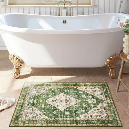 Miniatura 3 de Lahome Alfombra tribal bohemia de 2 x 3 pies, alfombra verde pequeña para entrada, suave, antideslizante, lavable, alfombra de baño bohemia de pelo