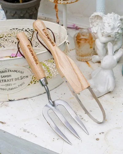Miniatura 7 de Herramienta de mano de horquilla de jardín, tenedor pequeño de 12 pulgadas con mango de madera de 3 dientes puntiagudos para jardinería, cultivo