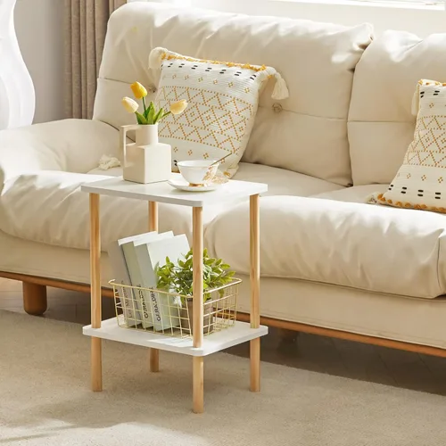 Miniatura 6 de IBUYKE Mesa auxiliar de 2 niveles, mesa auxiliar alta de madera maciza con estantes de almacenamiento, mesita de noche para sala de estar, Blanco