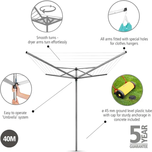 Miniatura 2 de Brabantia Topspinner Tendedero giratorio de 4 brazos para exteriores (131 pies/Ø 1.8 pulgadas) giratorio y plegable + tubo de tierra de hormigón Gris