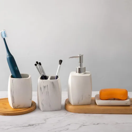 Miniatura 8 de Juego de accesorios de baño, organizador de baño de 4 piezas con vaso de cepillo de dientes, dispensador de jabón, jabonera, vaso, kits de resina