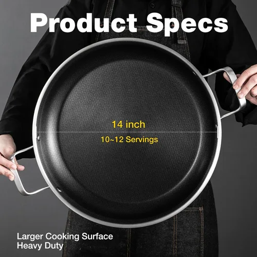 Miniatura 3 de Yeksum Paella de tres capas de acero inoxidable de 14.5 pulgadas, 12 porciones con tapa, sartén grande antiadherente 18/10, olla jumbo, bandeja